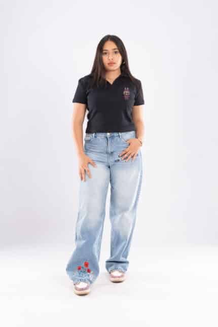 Black short-sleeve polo shirt embroidered LABUBU comfortable with soft cotton fabric