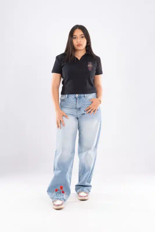 Black short-sleeve polo shirt embroidered LABUBU comfortable with soft cotton fabric