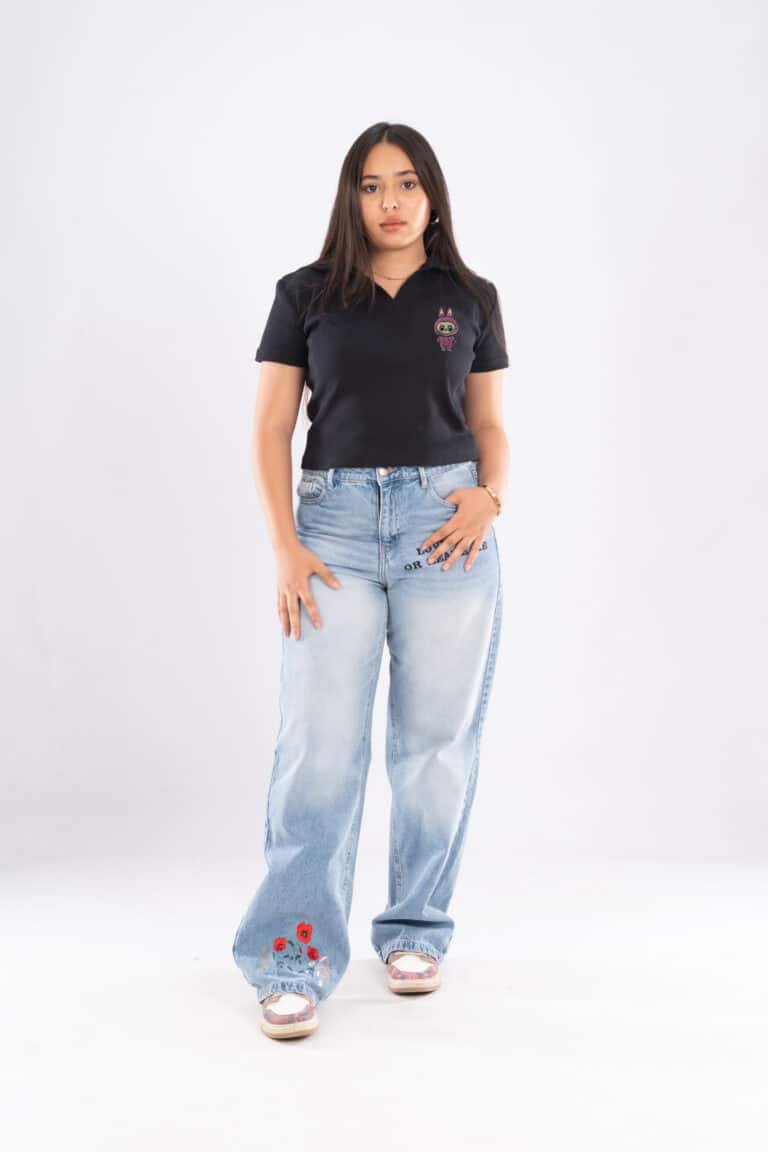 Black short-sleeve polo shirt embroidered LABUBU comfortable with soft cotton fabric