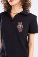 Black short-sleeve polo shirt embroidered labubu