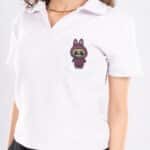 white short-sleeve polo shirt embroidered labubu